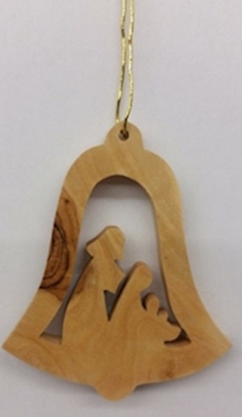Ornament-Olive Wood-Bell With Nativity (2.5") by Christmas