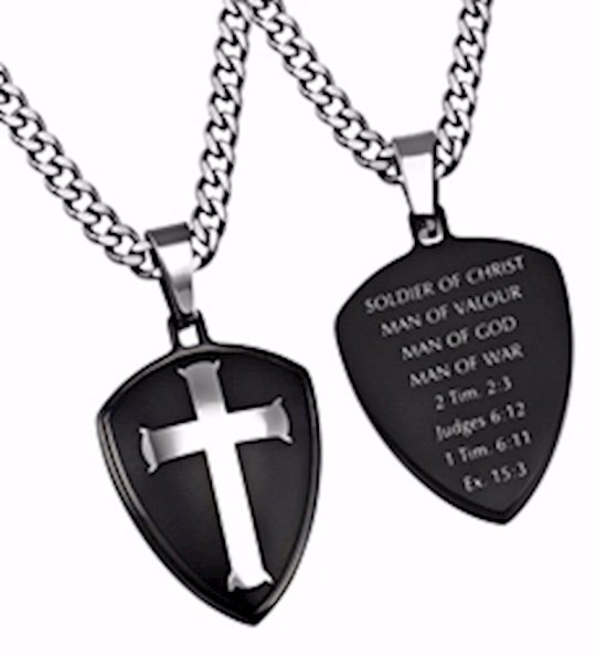 Necklace-Black R2 Shield Cross-Man Of War (24" Chain) by Stainless Steel