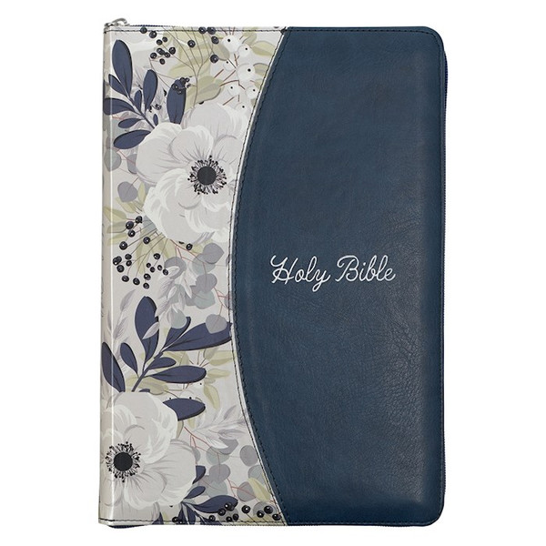 KJV Large Print Thinline Bible-Blue Pearlized Floral Faux Leather Indexed w/ Zipper by Christian Art Gift