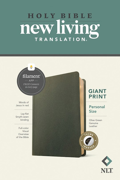 NLT Personal Size Giant Print Bible Filament Enabled Edition-Olive Green Genuine Leather Indexed by Tyndale House