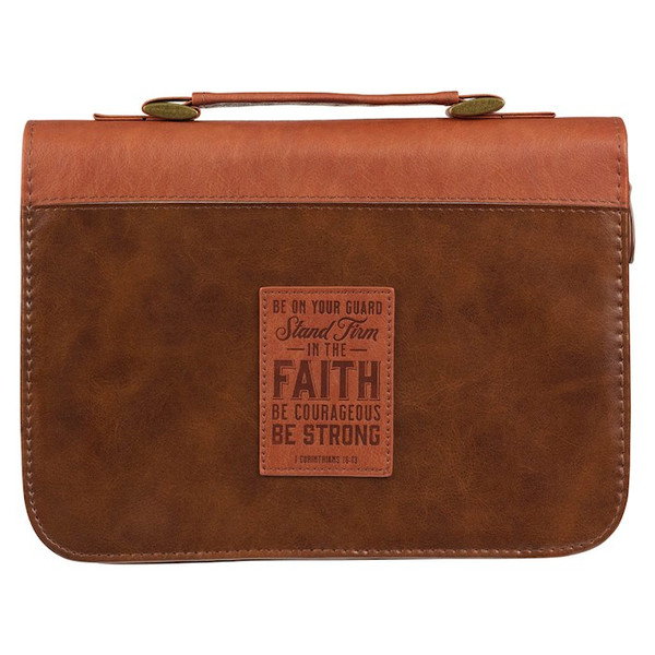 Bible Cover-Stand Firm In The Faith (1 Corinthians 16:13)-Two-tone Brown Faux Leather Classic-Medium by Christian Art Gift