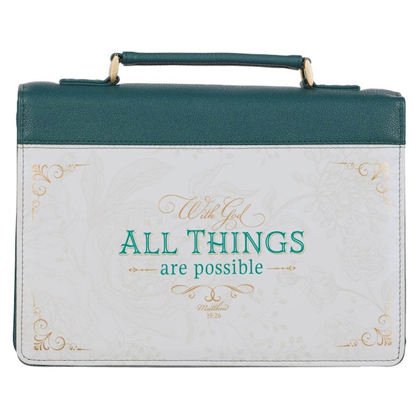 Bible Cover-With God All Things Are Possible (Matthew 6:19)-Teal Tourmaline Faux Leather Fashion-Medium by Gifts Christian Ar