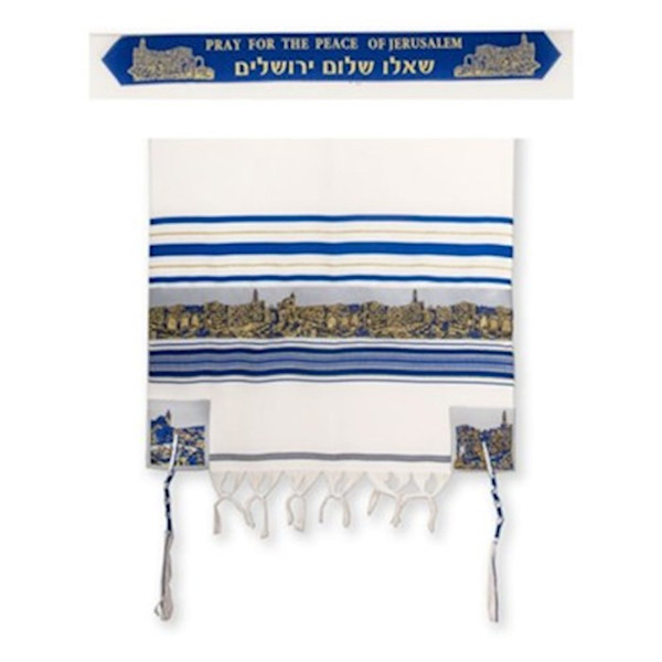 Prayer Shawl-Pray For The Peace Of Jerusalem-Blue/Gold  (72" x 24") (#2254) by Holy Land Gifts