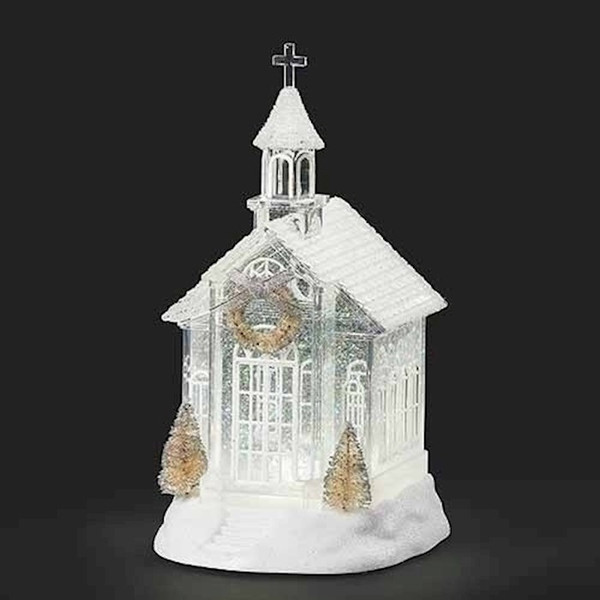 Figurine-LED Swirl White Church w/Tree and Wreath (10.25") by Christmas