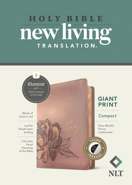 NLT Compact Giant Print Bible/Filament Enabled Edition-Rose Metallic Peony LeatherLike Indexed by Tyndale House