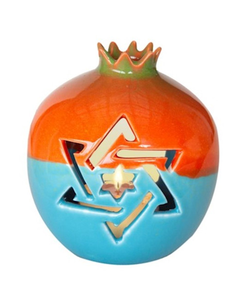 Candle Holder-Pomegranate Tealight (5" x 4")-Orange/Teal (#43145) by Holy Land Gifts