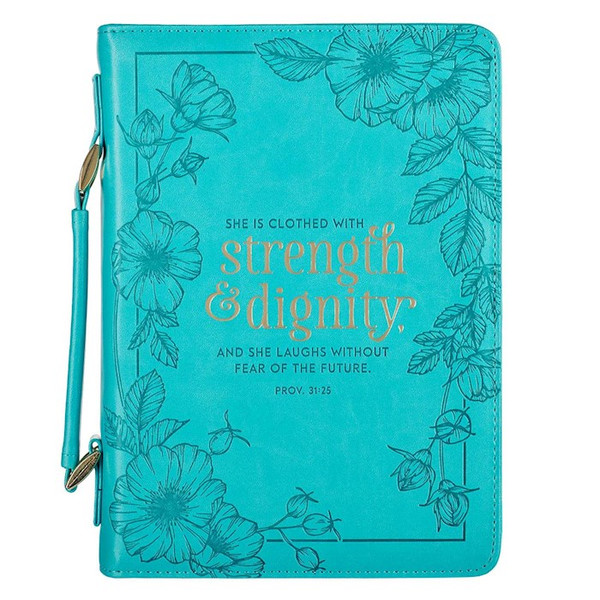 Bible Cover-She Is Clothed With Strength & Dignity (Proverbs 31:25)-Teal Faux Leather Fashion-Medium by Christian Art Gift