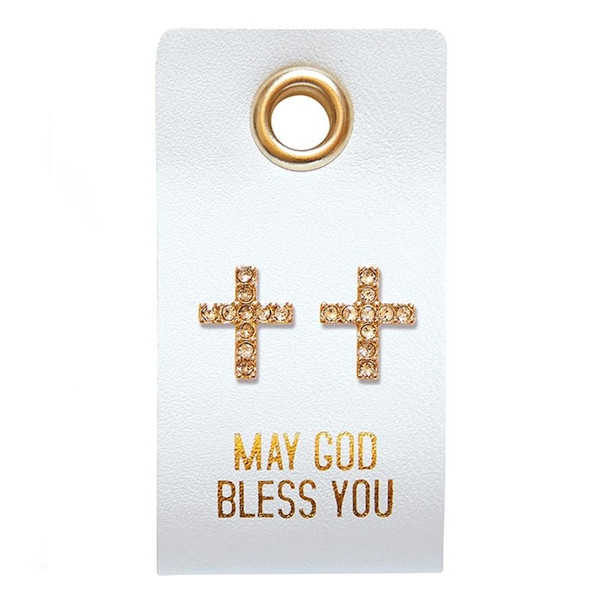 Earrings-May God Bless You/Straight Cross Studs On Leather Tag by Santa Barbara Des