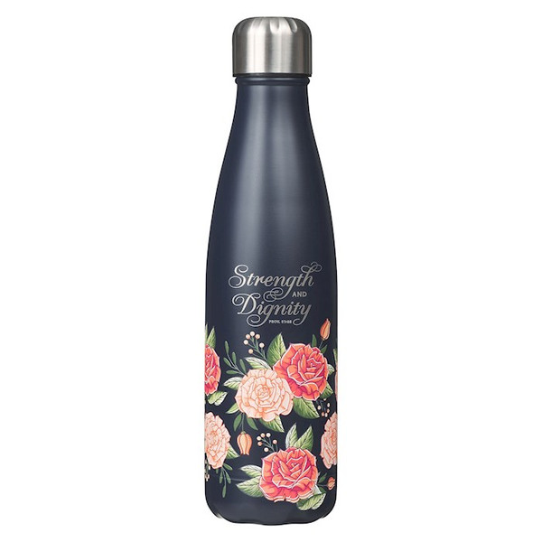 Water Bottle-Navy Floral Strength & Dignity Prov. 31:25 by Christian Art Gift