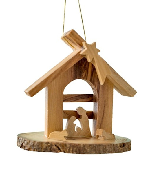 Ornament-Olivewood Nativity Grotto On Round Platform (3") by Christmas