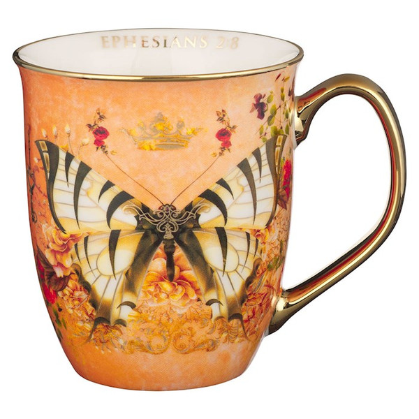 Mug-Grace (Ephesians 2:8)-Orange/White Butterfly (MUG1016) by Christian Art Gift