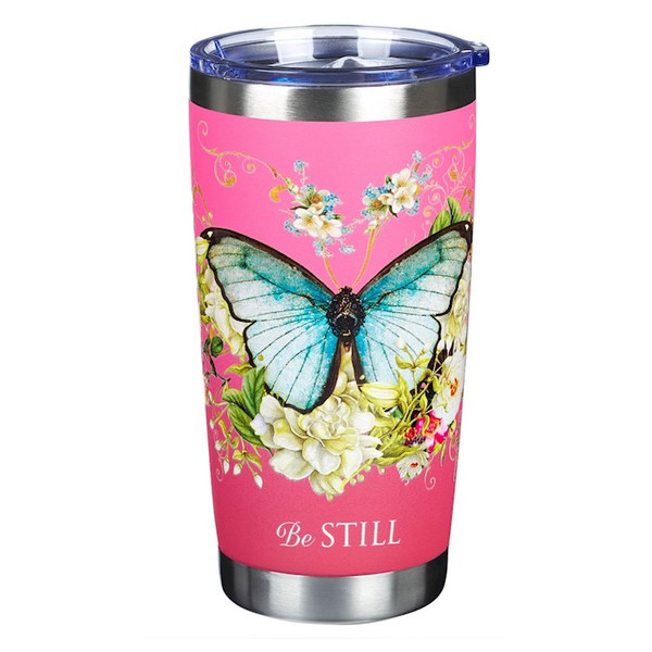 Travel Mug-Pink Butterfly Be Still by Christian Art Gift