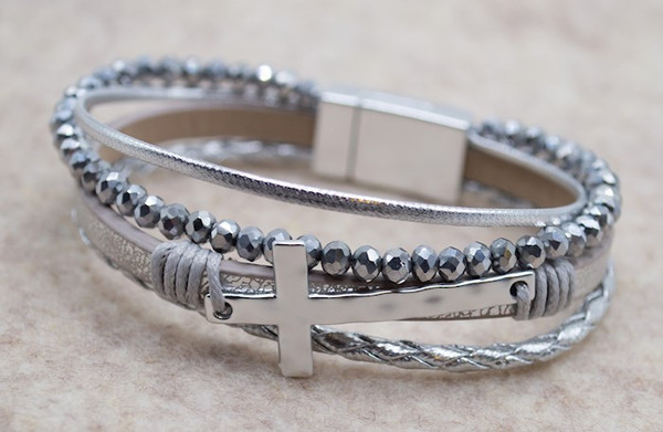 Bracelet-Eden Merry-Beaded Cross-Silver by Eden Merry