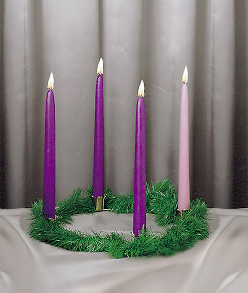Candle-Advent Wreath Set-w/Gold Finish Ring & Greens-3 Purple & 1 Pink (10" x 7/8" Tapers ) (#434) by Emkay Candles