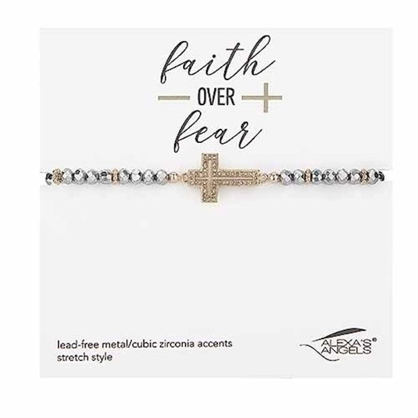 Bracelet-Silver Cross-Glass-Stretch W/ Gift Bag by Alexa's Angels