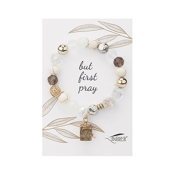 Bracelet-Gold Prayer Box/But First Pray-Stretch by Alexa's Angels
