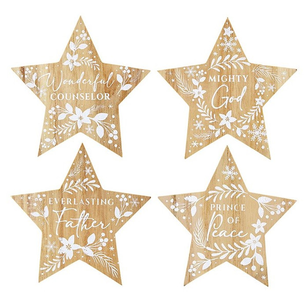 Tabletop-Stars-Names Of Jesus-Wood (4.75"W x 4.75"H x 1"D) (Set Of 4) by Christmas