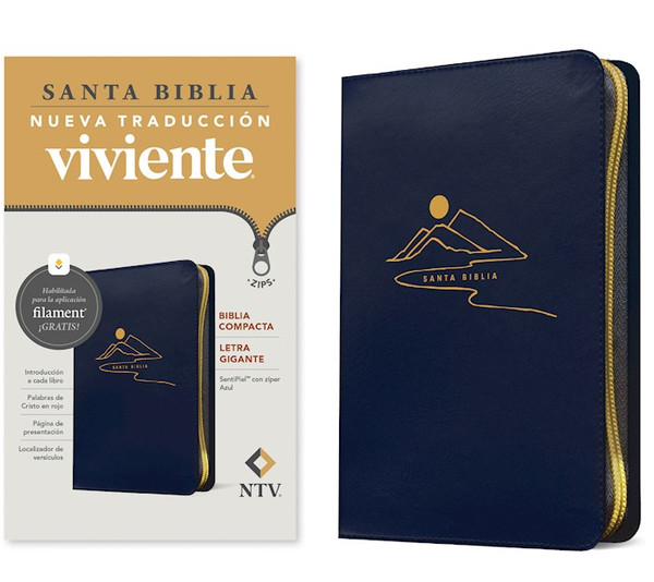 NTV Biblia Compacta Letra Gigante de Ziper con Filament (Compact Giant Print Zipper w/Filament)-Dark Blue LeatherLike by Tyndale Espanol