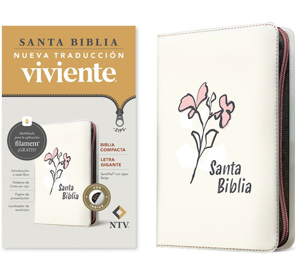 NTV Biblia Compacta Letra Gigante de Ziper con Filament (Compact Giant Print Zipper w/Filament)-Beige LeatherLike Index by Tyndale Espanol