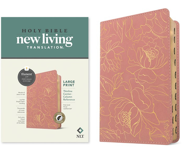 NLT Large Print Thinline Center-Column Reference Bible Filament Enabled-Pink Gold Floral LeatherLike Indexed by Tyndale