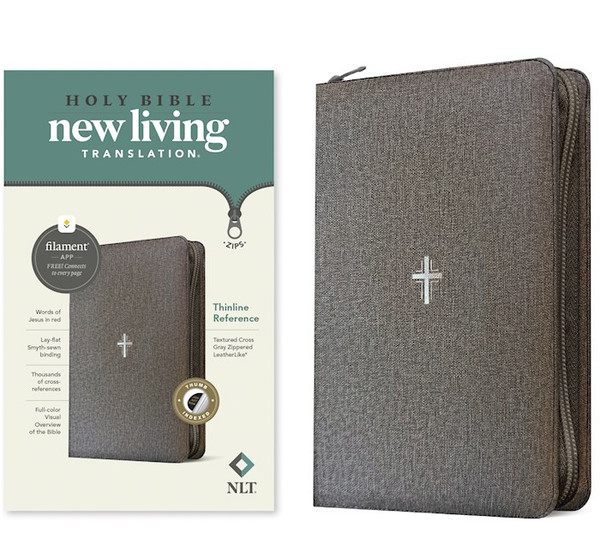 NLT Thinline Reference Zipper Bible Filament Enabled-Gray Textured Cross LeatherLike Indexed by Tyndale