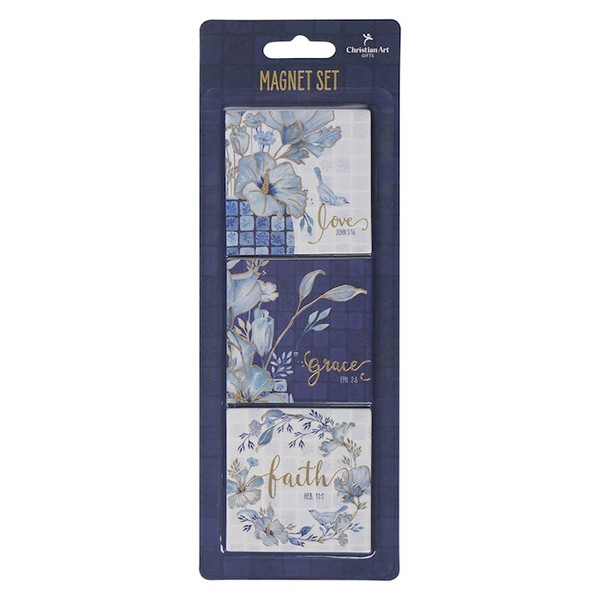 Magnet Set-Love Grace Faith-Blue Floral by Christian Art Gift