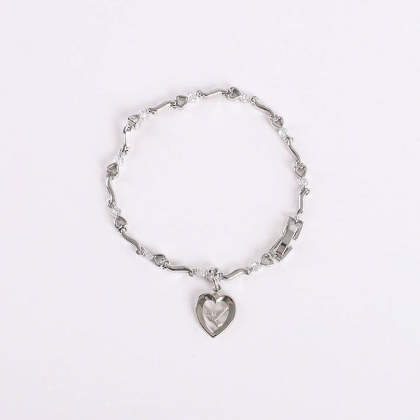 Bracelet-Cubic Zirconia & Heart/Dove Charm-Rhodium (7.25") by Majesty Jewelry