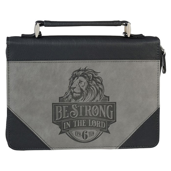 Bible Cover-Be Strong In The Lord (Ephesians 6:10)-Black/Gray Lion Faux Leather Classic-Large by Christian Art Gift