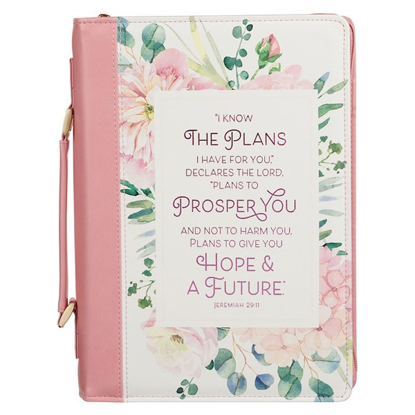 Bible Cover-I Know The Plans (Jeremiah 29:11)-Pink Bouquet Faux Leather Fashion-Large by Christian Art Gift
