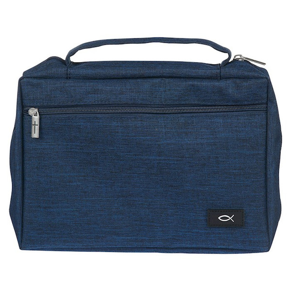 Bible Cover-Poly Canvas Value With Ichthus-Navy Blue-Large by Christian Art Gift