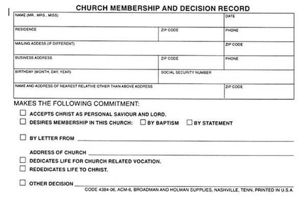 Form-Church Membership And Decision Record (Form ACM-6) (Pack Of 100) by Broadman & Holman