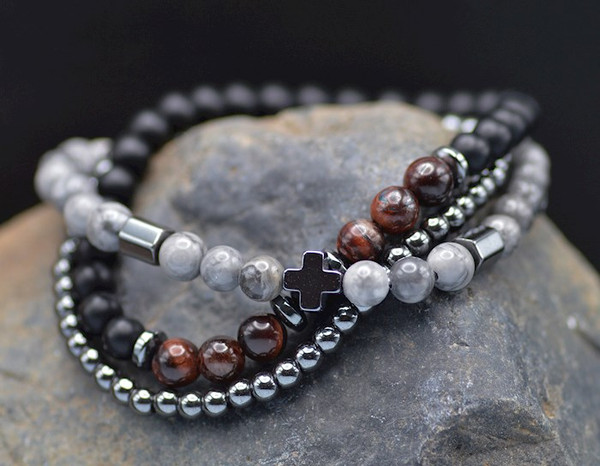 Bracelet-Eden Merry-Three Strand-Cross-Wine Tiger Eye by Eden Merry