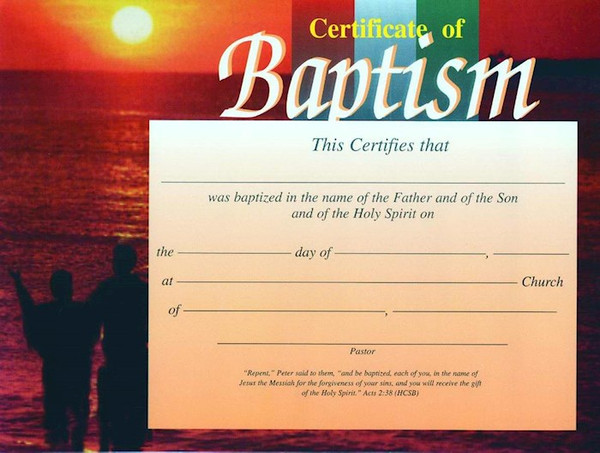 Certificate-Baptism w/Romans 6:3-4 (4 Color Sunset) (8-1/2" x 11") (Pack Of 6) by Broadman & Holman