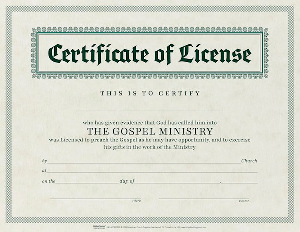 Certificate-License-Minister (Parchment) (8-1/2" x 11") (Pack Of 6) by Broadman & Holman