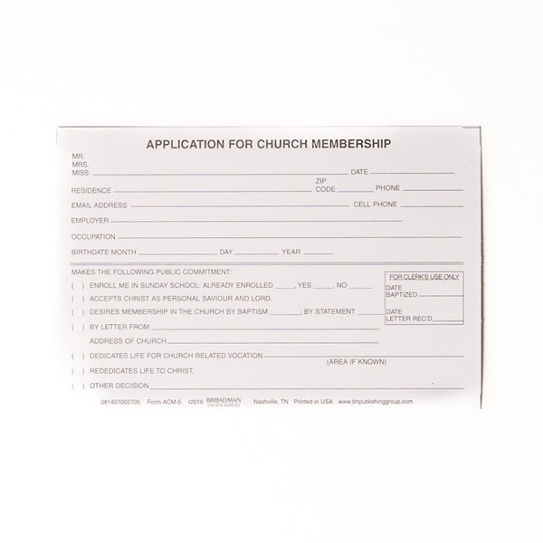 Form-Application For Church Membership (Form ACM-5) (Pack Of 100) by Broadman & Holman