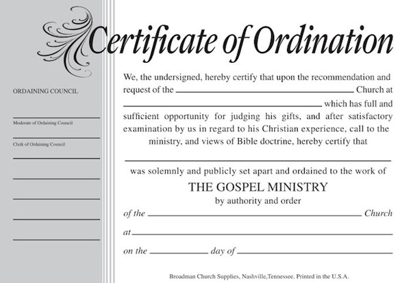Certificate-Ordination-Minister (Parchment)-Billfold Size by Broadman & Holman