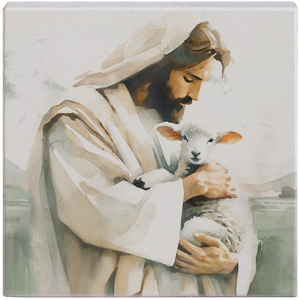 Small Talking Square-Jesus Holding Lamb (5.25 x 5.25) by The Good Shepherd