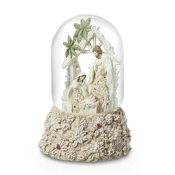 Musical Glitterdome-Holy Family w/120MM Poinsettia (Tune: Silent Night) (8"H) (#135819) by Christmas