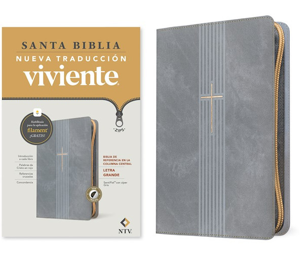 NTV Biblia de Referencia en la Columna Central Letra Grande de ziper con Filament-Gray Leatherlike Indexed by Tyndale Espanol