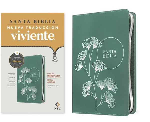 NTV Biblia de Referencia en la Columna Central Letra Grande de ziper con Filament-Green Leatherlike by Tyndale Espanol