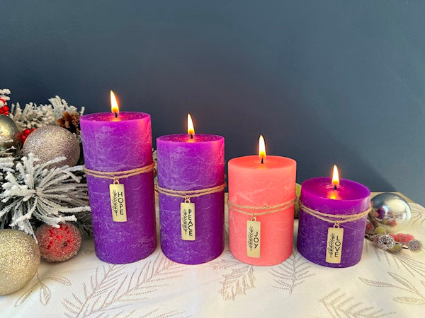 Advent Pillar Set-Love Hope Peace Joy w/Metal Charms (Set of 4) by Advent