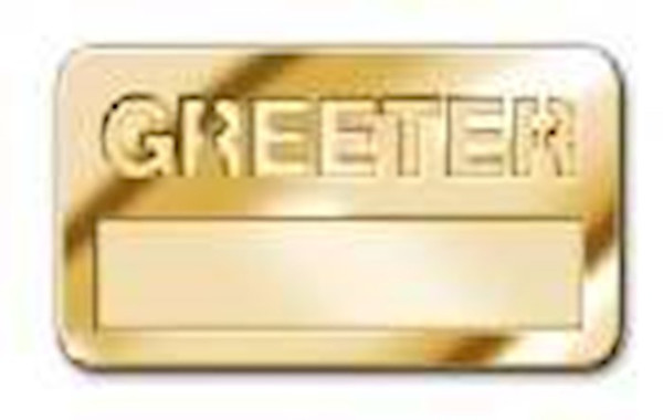 Badge-Greeter w/Cut Out Lettering-Magnetic Back-Brass (1-1/2" x 3-1/2") by Broadman & Holman