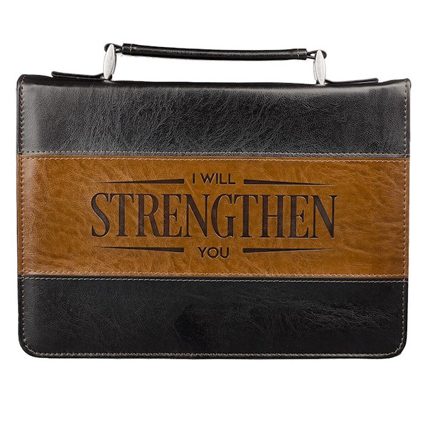 Bible Cover-I Will Strengthen You (Isaiah 41:10)-Black/Brown Faux Leather Classic-Large by Christian Art Gift