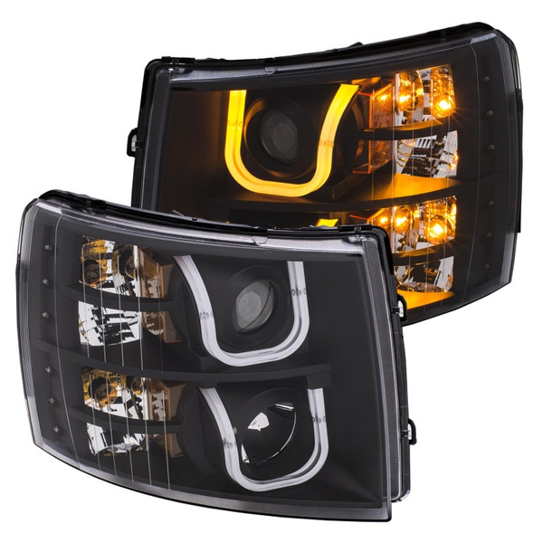 ANZO 2007-2013 Chevrolet Silverado 1500/2500 Projector Headlights w/ U-Bar Switchback Black w/ Amber - 111384