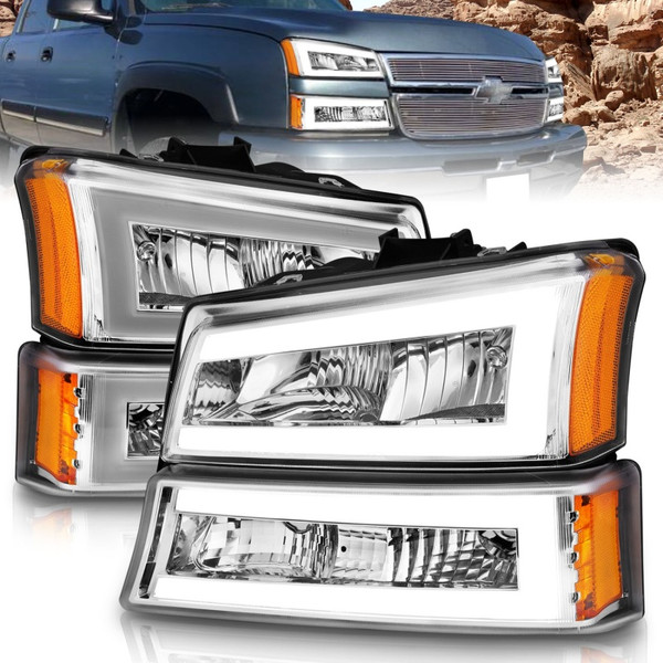 ANZO 2003-2006 Chevrolet Silverado 1500 Crystal Headlights w/ Light Bar Chrome Housing - 111502