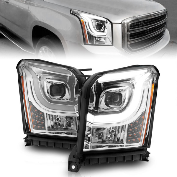 ANZO 2015-2017 GMC Yukon XL Projector Headlights W Lightbar - Chrome/Amber - 111536