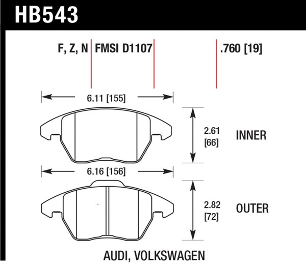 Hawk Audi A3/TT / VW EOS / Golf / Jetta / Passat / Rabbit DTC-60 Front Race Brake Pads - HB543G.760