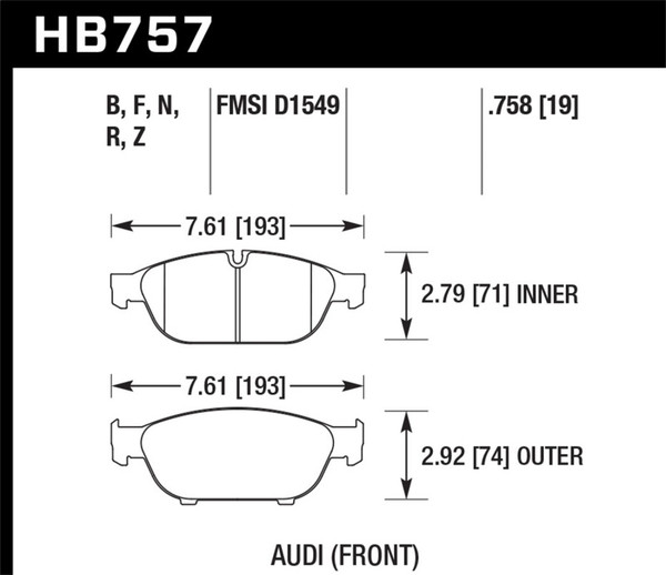 Hawk Audi 2013 A5 Quattro / 12-16 A6 Quattro/A7 Quattro/A8 Quattro HPS 5.0 Front Brake Pads - HB757B.758