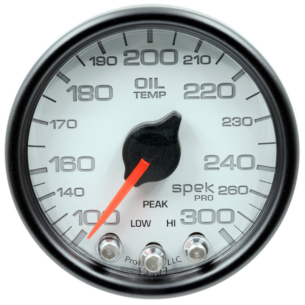 Autometer Spek-Pro Gauge Oil Temp 2 1/16in 300f Stepper Motor W/Peak & Warn Wht/Blk - P32212