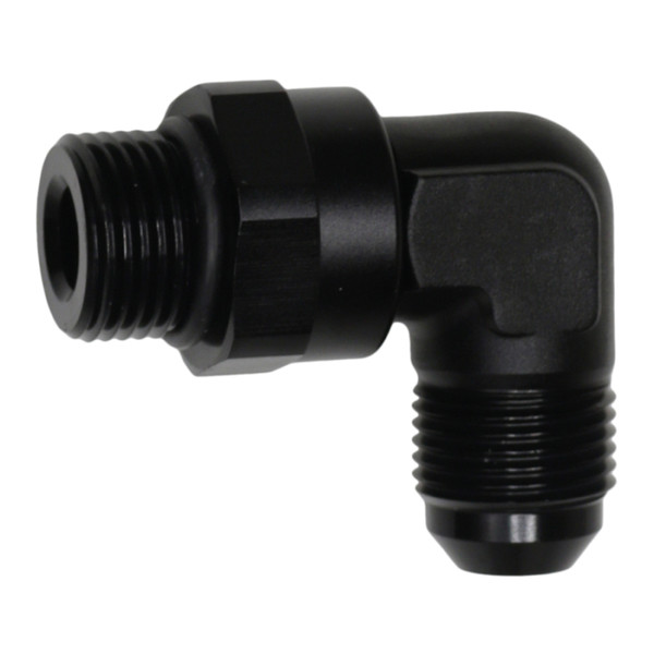 DeatschWerks 8AN ORB Male Swivel to 8AN Male Flare 90-Degree Fitting - Anodized Matte Black - 6-02-0411-B